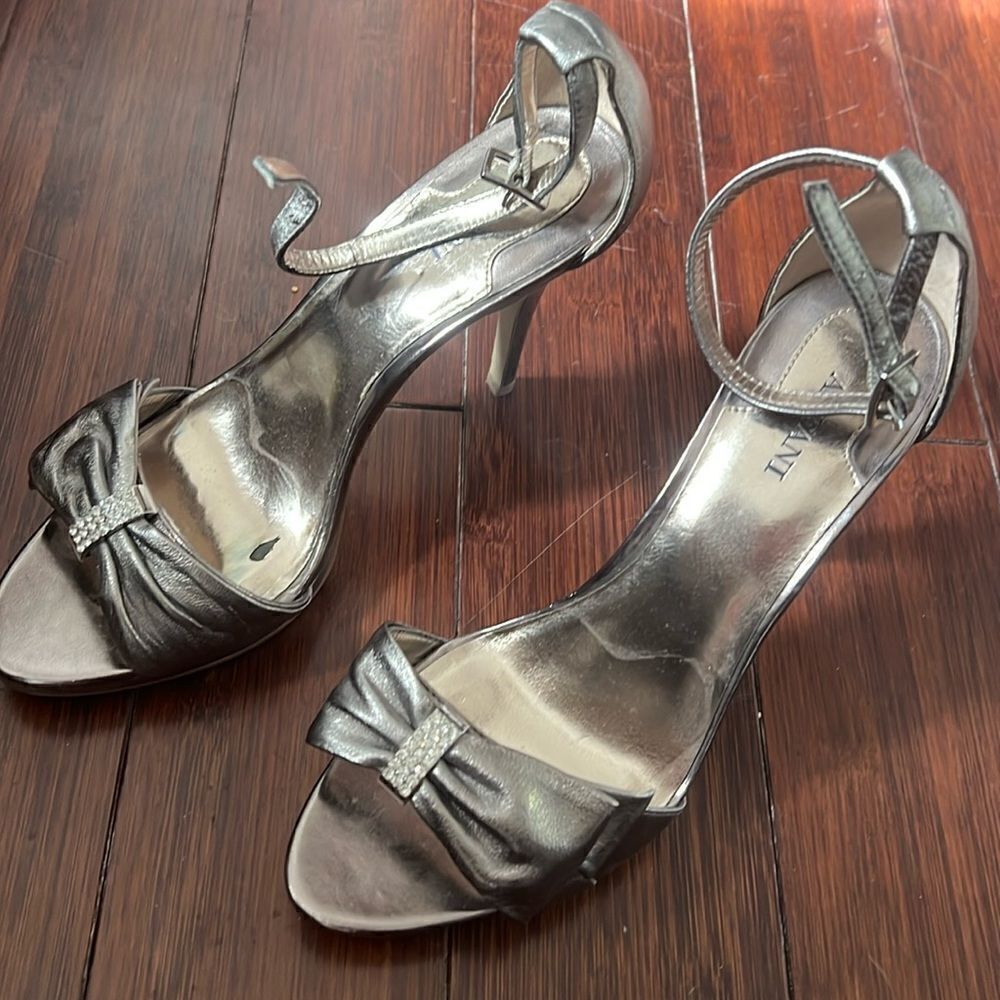 Silver Metallic Alfani Heels - Bow and Crystal Detailing - Great Condition